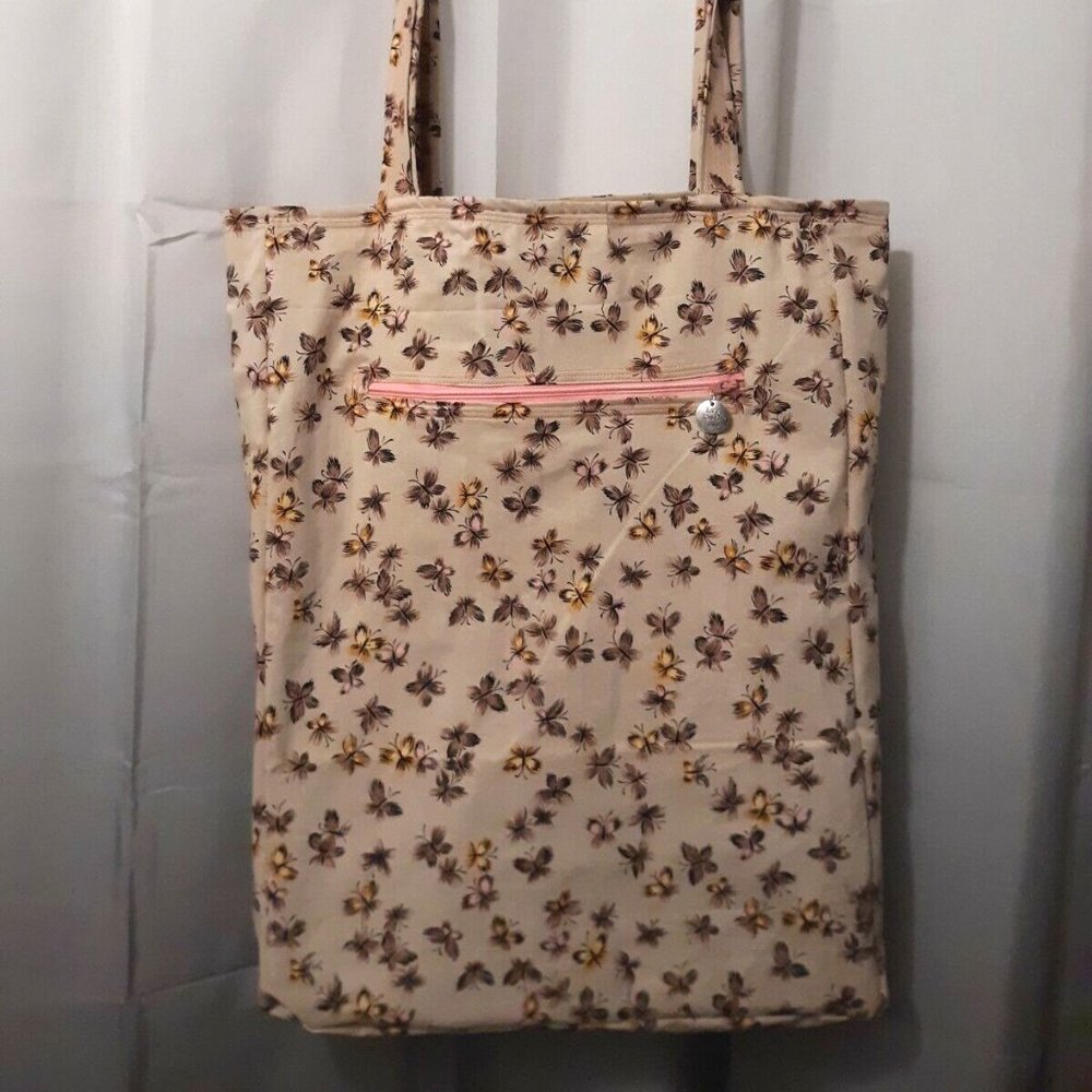 Butterfly print Canvas Tote Shopper shoulder Bag Brown Pink Oversized 18x14" Art